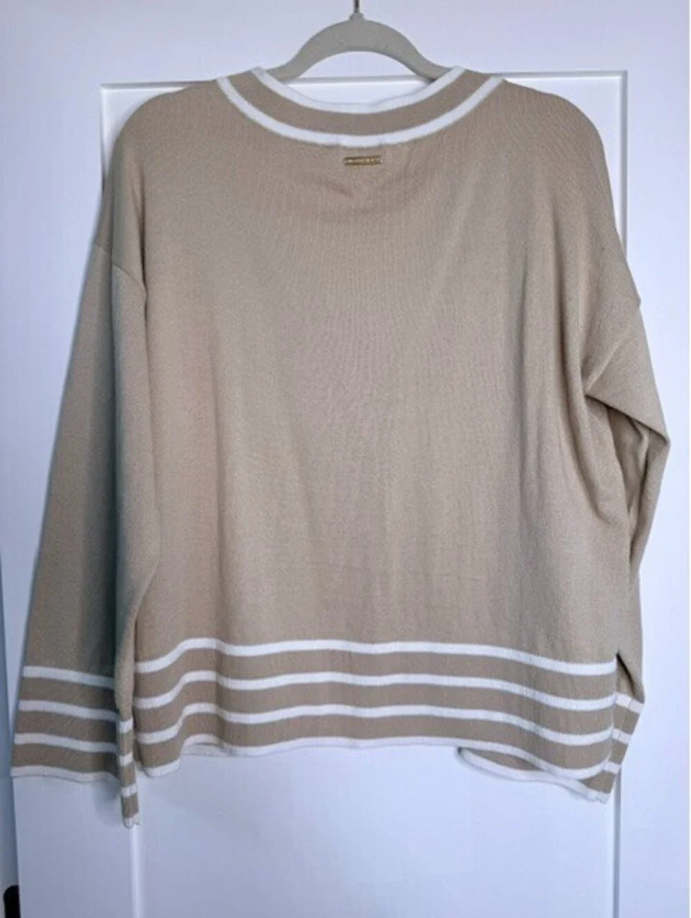 Michael Kors Women's Sweater Large Beige White Stripe V Neck Varsity Pullover
